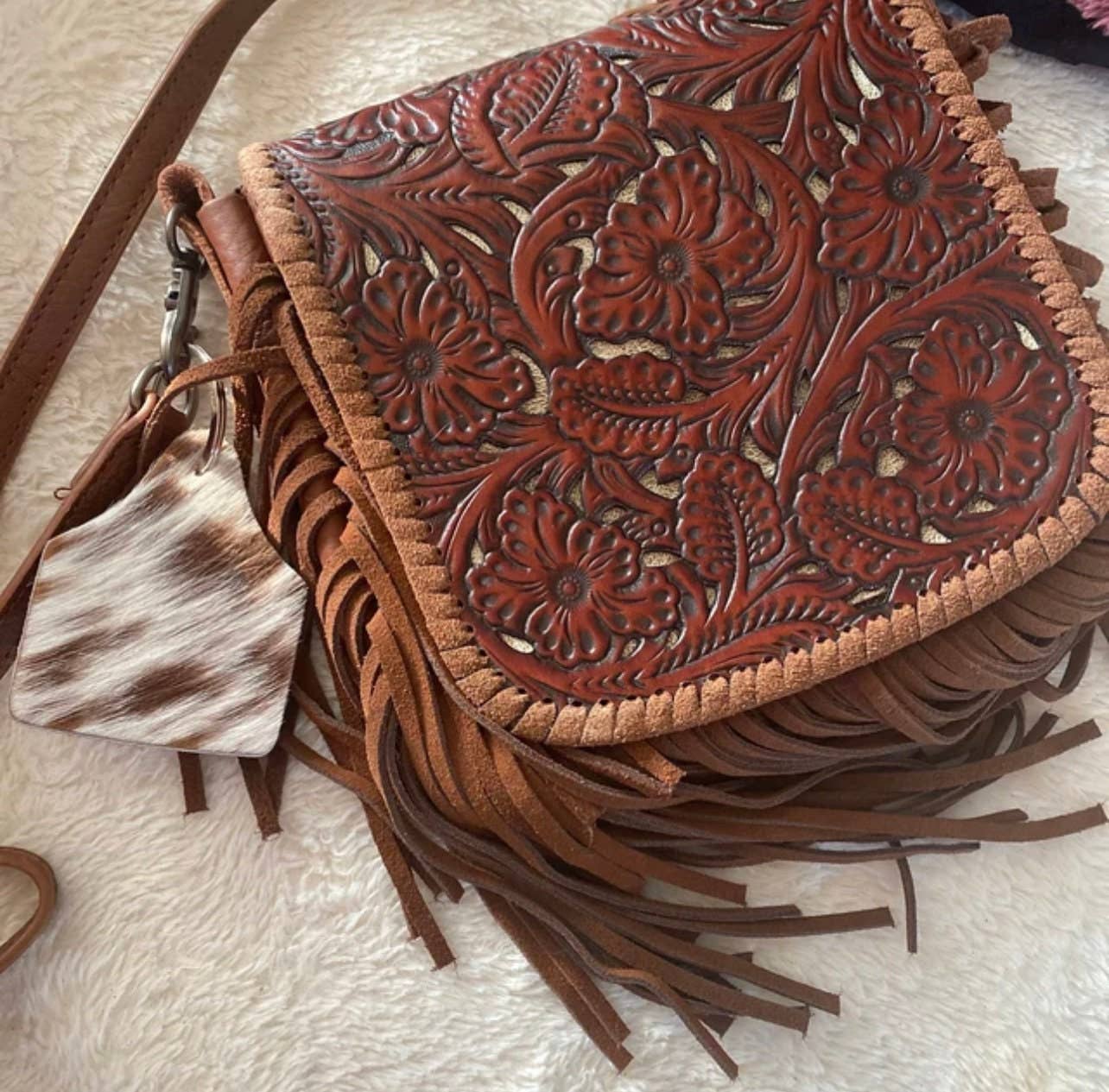 Cowhide Eartag Keychain: Brown + white cowhide