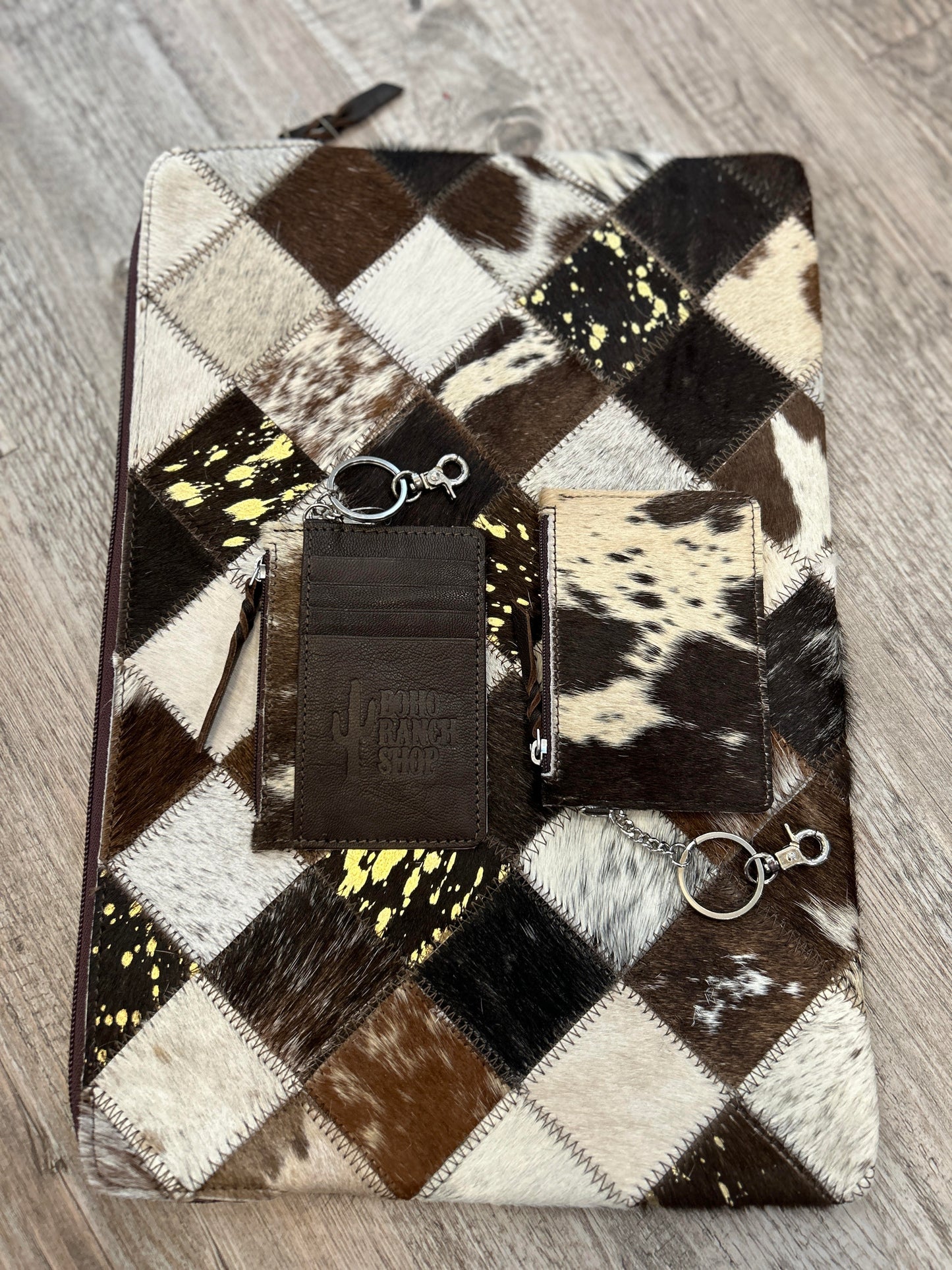 Cowhide Leather Keychain Wallet/ Brown & White