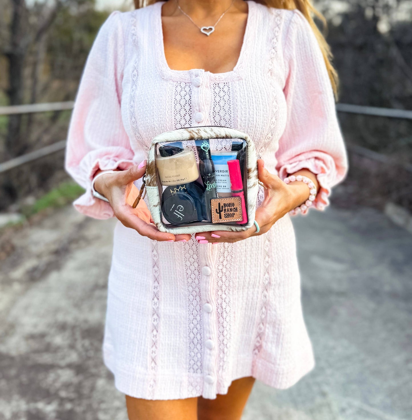 Cowhide Cosmetic Clear Case: BROWN + WHITE