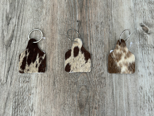 Cowhide Eartag Keychain: Brown + white cowhide