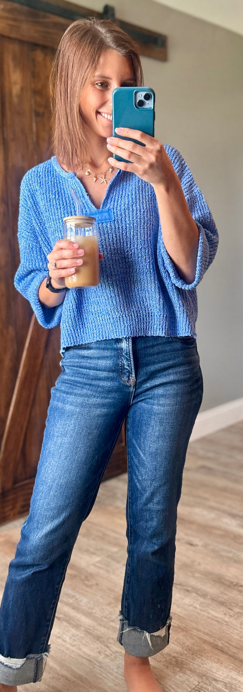 Blue Knit Cropped Sweater
