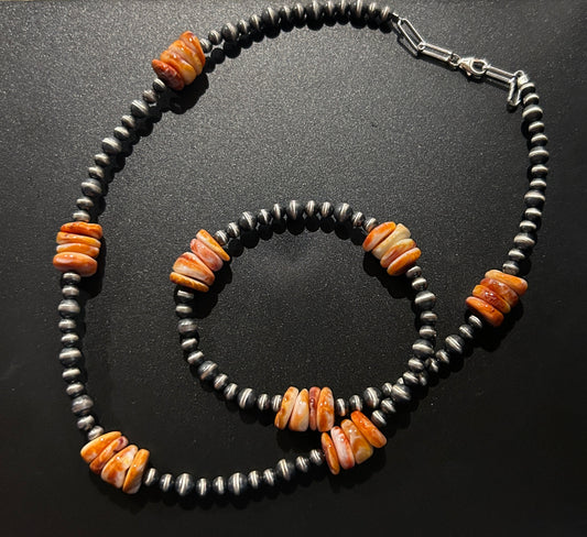 22” Orange Spiny Oyster & Navajo Pearl Necklace