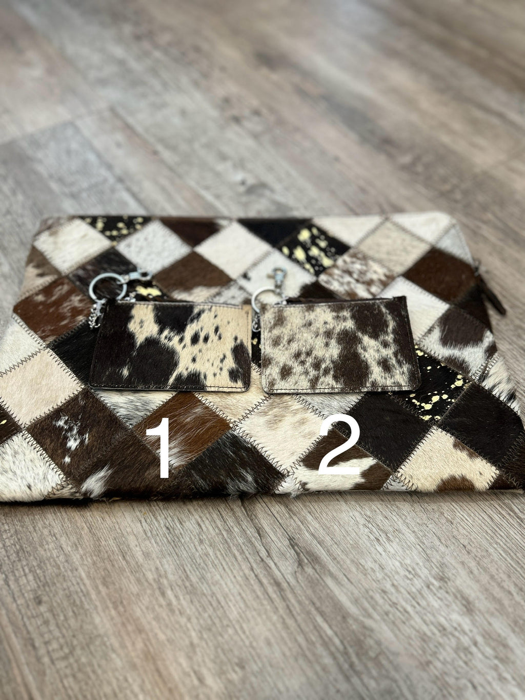 Cowhide Leather Keychain Wallet/ Brown & White